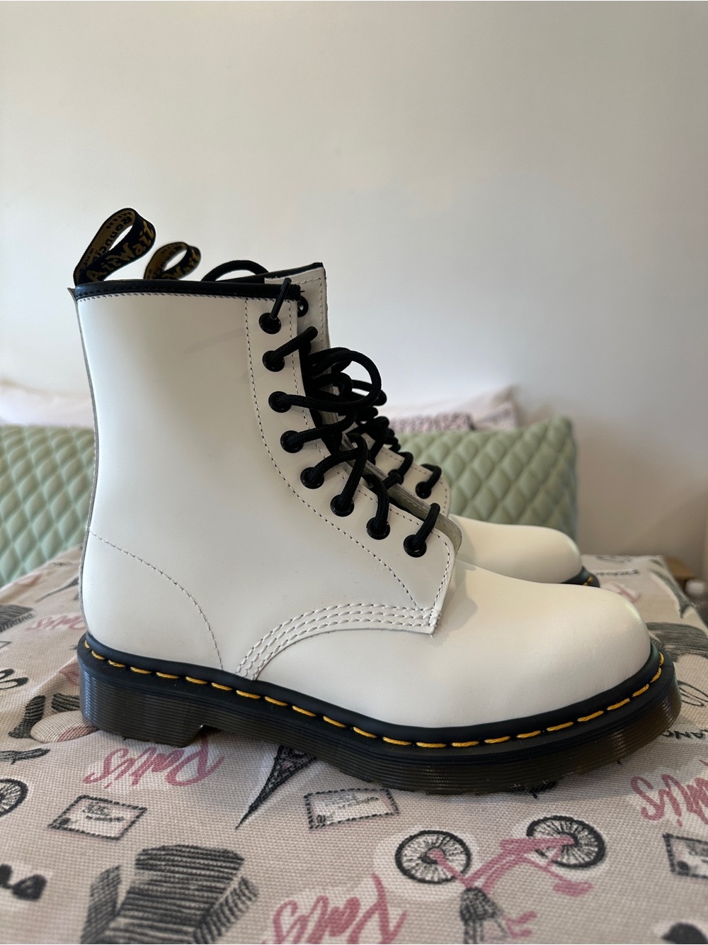 Dr. Martens White Leather Lace-Up Combat Boots with Black Accents - Never used!